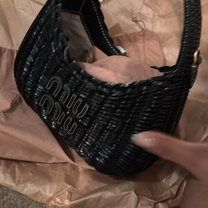 Miu Miu Black Woven Crossbody Bag with Embossed Logo
